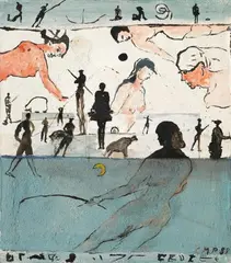 Cornelia Schleime, Ohne Titel, Öl und Lack, collagiert, auf Papier auf Leinwand