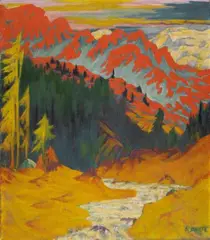 Philipp Bauknecht, Gebirgsherbst mit Fluss, Öl auf hell grundierter Leinwand