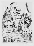 Max Beckmann, König Jerum und seine Frau, die Prinzessin Ursula von Bärwalde, bei dem bösen Hellseher Pumpelirio Holzebocke, Original-Radierung (Kaltnadel) auf Bütten