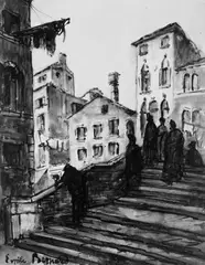 Émile Bernard, Venise - un pont, Tuscheaquarell in Braun über Bleistiftvorzeichnung auf festem gelblichen Velin