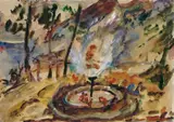 Lovis Corinth, Springbrunnen im Garten am Walchensee, Aquarell auf chamoisfarbenem Velin