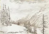 Otto Dix, Winterliche Gebirgslandschaft (Engadin), Silberstift und Tuschfeder in Braun auf weiß grundiertem festen Velin