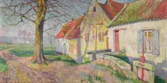 Raphaël Dubois, Landschaft mit Gehöft und Wehr, Öl auf Leinwand