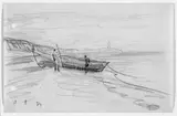 Lyonel Feininger, 2 Figures by Rowing Boat pulled up on Beach, Lighthouse in the Distance (Baltische Küste bei Deep), Bleistiftzeichnung auf elfenbeinfarbenem Skizzenblockpapier, vom Künstler gelocht