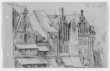 Lyonel Feininger, Houses on "Am Sande", Lüneburg, Bleistiftzeichnung auf chamoisfarbenem Skizzenbuchpapier, vom Künstler seitlich gelocht