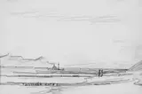 Lyonel Feininger, Küstenlandschaft mit Dampfer, Bleistiftzeichnung auf elfenbeinfarbenem Zeichenpapier
