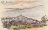 Lyonel Feininger, Purple Hills and Setting Sun, Connecticut, Farbkreidezeichnung auf elfenbeinfarbenem textilstrukturierten Papier
