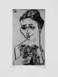 Conrad Felixmüller, Änne mit Hündchen, Original-Radierung (Kaltnadel), mit Ton gedruckt, auf glattem gelblichen Velin