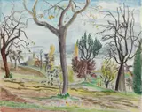 Herbstmorgen by Erich Heckel, Deckfarben, Aquarell und Farbkreidezeichnung über Bleistiftvorzeichnung auf handgeschöpftem festen elfenbeinfarbenen Vel, sold Nov 2006