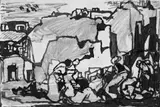 Adolf Hölzel, Figürliche Szenen in Landschaften., 2 Zeichnungen: Feder- über Graphitstift-Vorzeichnung auf elfenbeinfarbenem Bütten