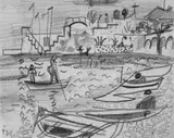 Ida Kerkovius, Kleine Hafenlandschaft mit Booten, Bleistiftzeichnung auf bräunlichem Velin