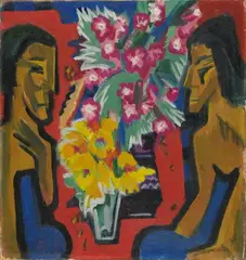 Ernst Ludwig Kirchner, Stilleben mit zwei Holzfiguren und Blumen, Öl auf Leinwand