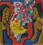 Stilleben mit zwei Holzfiguren und Blumen by Ernst Ludwig Kirchner, Öl auf Leinwand, sold Nov 2006