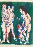 Nackte Frauen mit Kindern by Ernst Ludwig Kirchner, Original-Farbholzschnitt in Blau, Rot und Grün auf festem glatten Velin, sold Nov 2006