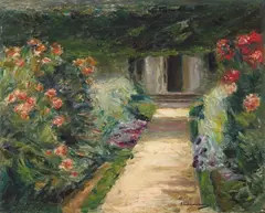 Max Liebermann, Der Nutzgarten nach Nordosten - Blumenstauden, Öl auf Holz