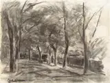 Max Liebermann, Straße am Großen Wannsee (Colomierstraße), Kohlezeichnung auf elfenbeinfarbenem Skizzenblockpapier mit perforiertem Seitenrand