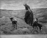 Max Liebermann, Alte Frau mit Ziegen, Nach dem 1890 entstandenen Ölgemälde (Eberle 1890/1, Neue Pinakothek, München), als Mezzotinto-Radierung von F. A. Börner ausgeführt, auf glattem festen Japan