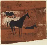 Drei Pferde by Ewald Mataré, Original-Farbholzschnitt, der Grundstock monotypieartig in unterschiedlichen Brauntönen eingefärbt, auf Bütten (Wasserze, sold Nov 2006