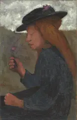Paula Modersohn-Becker, Sitzendes Mädchen mit schwarzem Hut und Blume in der rechten Hand, Tempera auf Leinwand
