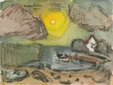 Ernst Mollenhauer, Haus am Watt, Öl auf elfenbeinfarbenem Zeichenblockpapier mit perforiertem Seitenrand