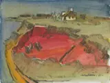 Ernst Mollenhauer, Rotes Kliff auf Sylt, Öl auf elfenbeinfarbenem Zeichenblockpapier mit perforiertem Seitenrand