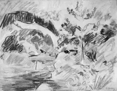 Oskar Moll, Flußlandschaft, Farbige Ölkreidezeichnung auf gelblichem einfachen Zeichenpapier