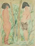 Otto Mueller, Zwei Akte im Wald (Zwei nackte Mädchen in einer Schneise), Aquarell und Farbkreidezeichnung auf dickem chamoisfarbenen Papier