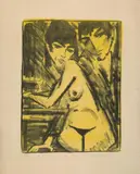 Otto Mueller, Paar am Tisch (Selbstbildnis mit Maschka), Original-Farblithographie auf glattem Maschinenpapier