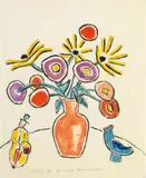 Gabriele Münter, Blumenstilleben mit zwei Figürchen, Gouache über Bleitstiftvorzeichnung mit einigen kleineren Deckweiß-Korrekturen, auf elfenbeinfarbenem festen Zeichenpapier