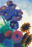 Blumenstilleben (blau-rot-braun). by Emil Nolde, Aquarell auf elfenbeinfarbenem Japanpapier, sold Nov 2006
