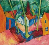 Walter Ophey, Dorf mit Bäumen, Öl auf Leinwand, doubliert