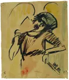 Frau mit Fächer by Max Pechstein, Tuschfederzeichnung und Aquarell auf sehr dünnem gelb getönten Zeichenpapier, sold Nov 2006