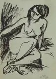 Max Pechstein, Sitzender weiblicher Akt, Tuschfeder- bzw. Tuschpinselzeichnung auf graugrünem Tonpapier