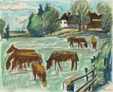 Max Pechstein, Landschaft mit Pferden auf der Weide, Farbige Ölkreidezeichnung auf dünnem chamoisfarbenen Zeichenpapier