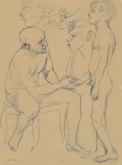 Mann mit Junge by Christian Schad, Bleistiftzeichnung auf bräunlichem Velin (Skizzenbuch-Blatt mit seitlicher Perforation links), sold Nov 2006