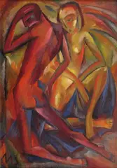Komposition mit rotem und gelbem Akt (Paar). Rückseitig: Willy Robert Huth (Berlin 1890 - 1977 Amrum), Pierrot im braunen Kostüm by Martel Schwichtenberg, Öl auf Hartfaser, sold Nov 2006