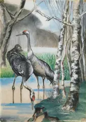 Hans Thuar, Reiher, Aquarell auf Japanpapier