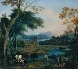 ZWEI SÜDLICHE FLUSSLANDSCHAFTEN MIT HIRTENSTAFFAGE. by in der Art Jan Frans van Bloemen, Öl auf Leinwand (doubliert), sold Nov 2006