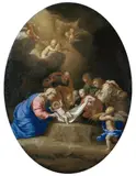 Bolognese School, DIE ANBETUNG DES KINDES., Öl auf Leinwand, auf Karton aufgezogen