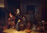 Quiringh van Brekelenkam, BÄUERLICHES INTERIEUR MIT EINER FAMILIE AM KAMIN., Öl auf Holz