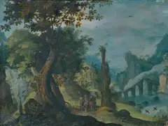 PHANTASTISCHE LANDSCHAFT MIT CHRISTUS UND DEN EMMAUSJÜNGERN. by zugeschrieben Paul Bril, Öl auf Kupfer, sold Nov 2006
