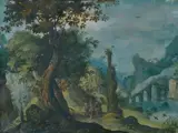 zugeschrieben Paul Bril, PHANTASTISCHE LANDSCHAFT MIT CHRISTUS UND DEN EMMAUSJÜNGERN., Öl auf Kupfer
