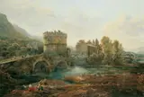 Abraham-Louis-Rodolphe Ducros, FLUSSLANDSCHAFT MIT EINEM BRÜCKENTURM IN DEN SABINER BERGEN., Mischtechnik (Aquarell/Gouache) auf Papier, auf Holz aufgezogen