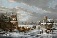 Dirk Maas, EISVERGNÜGEN VOR DEN MAUERN EINER STADT., Öl auf Holz (parkettiert)