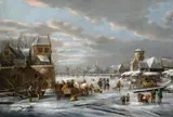 Dirk Maas, EISVERGNÜGEN VOR DEN MAUERN EINER STADT., Öl auf Holz (parkettiert)