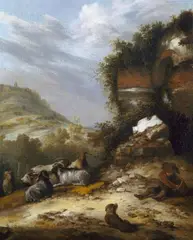 Jacobus Mancadan, BERGHANG MIT HIRTE UND ZIEGENHERDE VOR EINER RUINE., Öl auf Leinwand (doubliert)