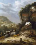 Jacobus Mancadan, BERGHANG MIT HIRTE UND ZIEGENHERDE VOR EINER RUINE., Öl auf Leinwand (doubliert)