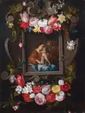 Jan Philip van Thielen, BLUMENGUIRLANDE UM EINE STEINERNE KARTUSCHE MIT DER HEILIGEN FAMILIE (diese von anderer Hand)., Öl auf Leinwand (doubliert)