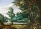 Flemish School, BAUMBESTANDENE FLUSSLANDSCHAFT MIT EINEM BOOT.