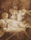 JUNGE FRAU, IM BEGRIFF, EIN KIND ZU STILLEN, UND ZWEI KLEINKINDER (MADONNA MIT KIND UND ZWEI ENGELN ?). by Werkstatt Jean-Honoré Fragonard, Gouache auf Papier (unter Glas gerahmt), sold Nov 2006